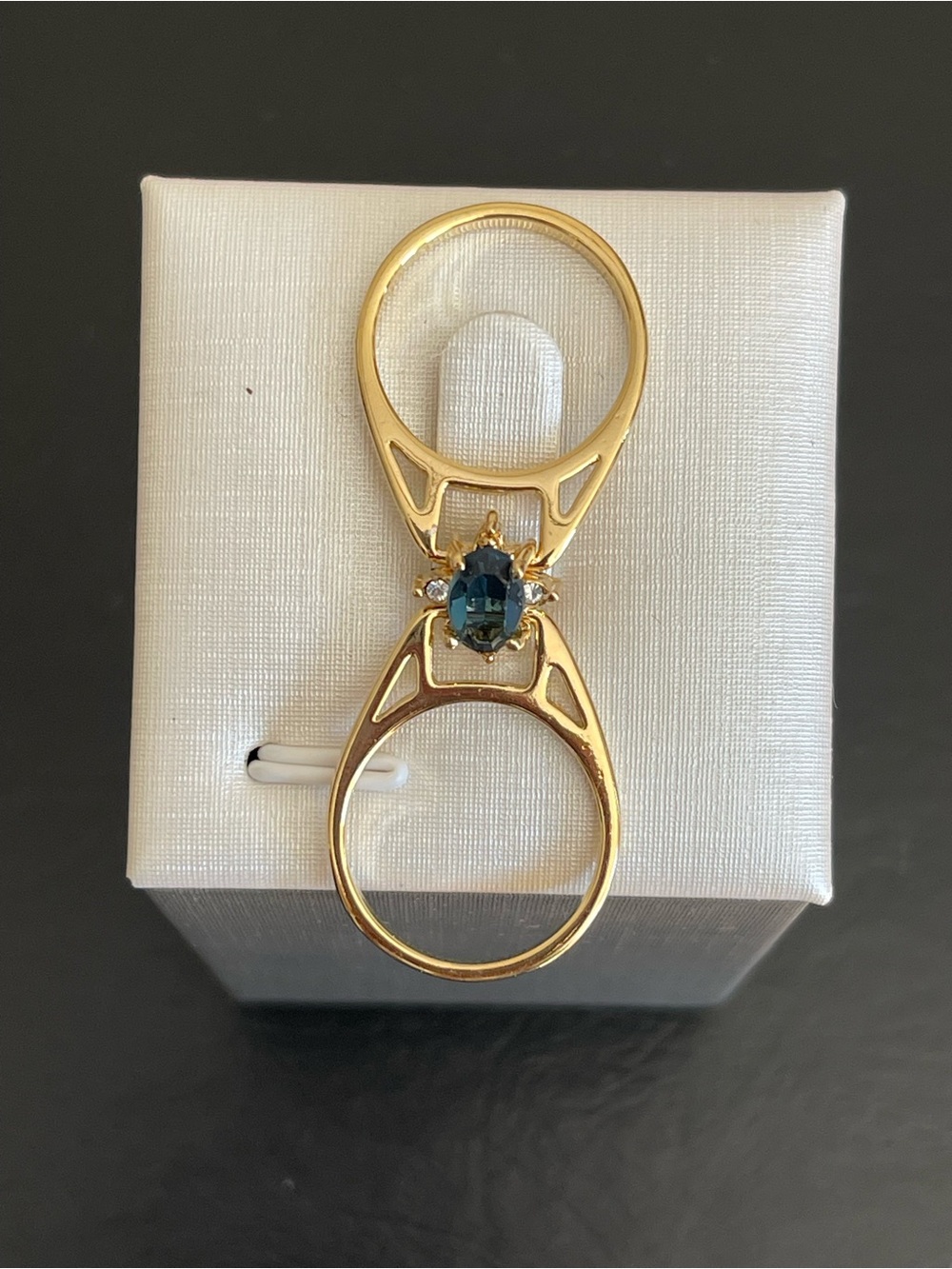 14KT gold plated reversible simulated sapphire and Diamond ring.